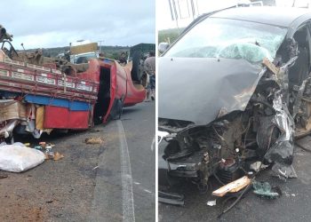 Caminhão modelo F-4000 capota após colisão com Corolla em trecho sinuoso da BR-420 entre Entroncamento e Jaguaquara
