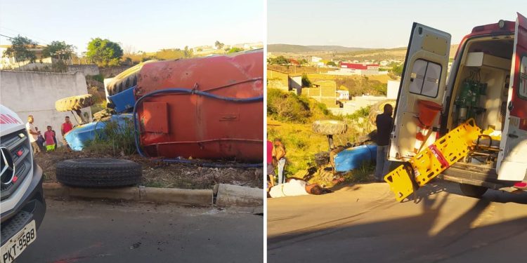Trator da Prefeitura tomba em zona urbana de Jaguaquara, e motorista é socorrido com leves escoriações