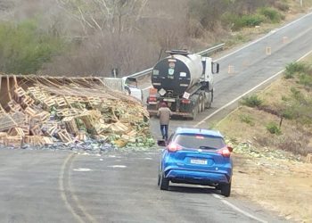 Caminhão carregado de verduras tomba na BA-026 entre Maracás e Planaltino; Ninguém ficou ferido
