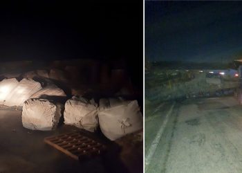 Carreta carregada de material reciclável tomba e interdita BA-250 entre Lajedo e Maracás