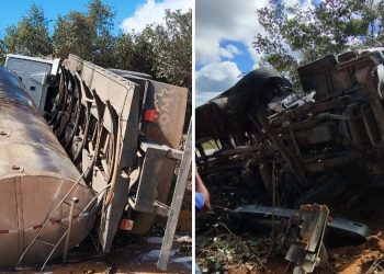 Caminhão-Tanque que transportava leite tomba na BA-250, próximo a Maracás