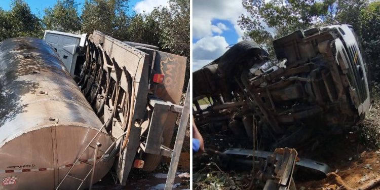 Caminhão-Tanque que transportava leite tomba na BA-250, próximo a Maracás
