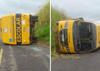 Micro-ônibus escolar da Prefeitura de Itagibá tomba na BA 650, entre Itagibá e Ipiaú