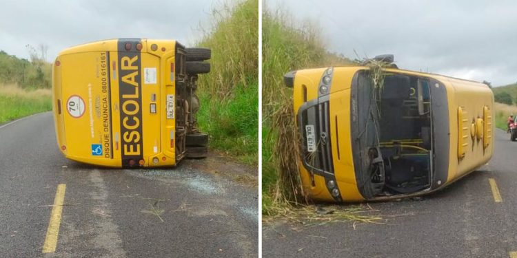 Micro-ônibus escolar da Prefeitura de Itagibá tomba na BA 650, entre Itagibá e Ipiaú