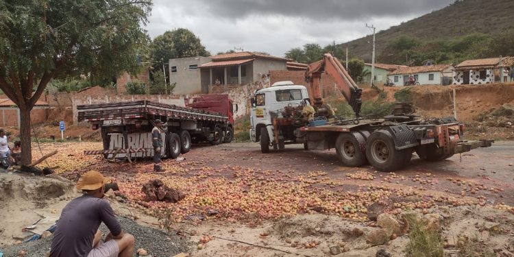 Caminhão carregado de goiabas tomba na BA-026 e interdita rodovia no trecho de Maracás