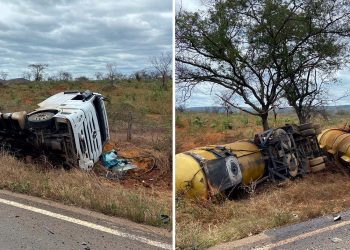 Caminhão-tanque, com 45 mil litros de gasolina, tomba na BA-026 próximo a Contendas do Sincorá
