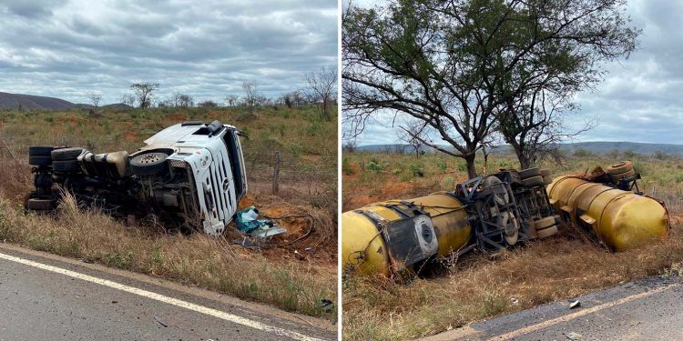 Caminhão-tanque, com 45 mil litros de gasolina, tomba na BA-026 próximo a Contendas do Sincorá