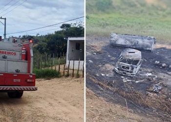 Caminhão carregado com 25 mil litros de combustível capota e pega fogo na BR-330 entre Jequié e Pé de Serra