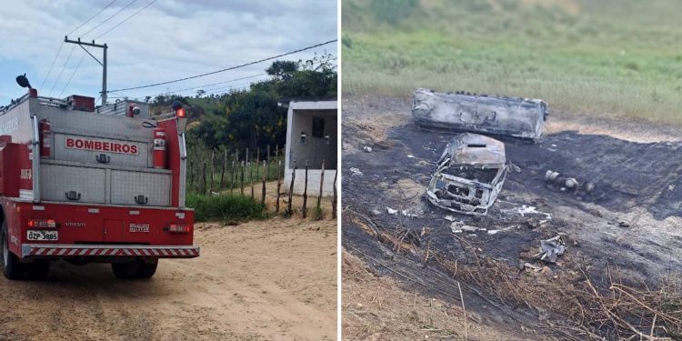 Caminhão carregado com 25 mil litros de combustível capota e pega fogo na BR-330 entre Jequié e Pé de Serra