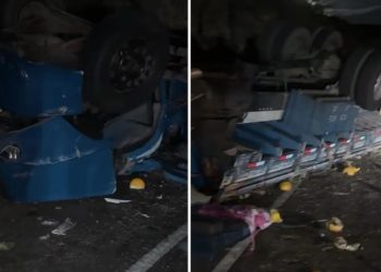 Motorista fica preso às ferragens após caminhão capotar na BA-026, em Pé de Serra