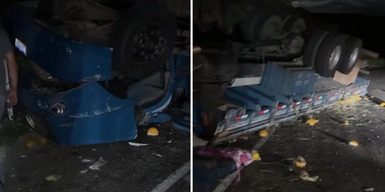 Motorista fica preso às ferragens após caminhão capotar na BA-026, em Pé de Serra