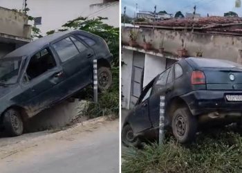 Carro desgovernado desce ladeira em Jaguaquara e para próximo de residência