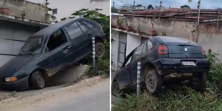 Carro desgovernado desce ladeira em Jaguaquara e para próximo de residência