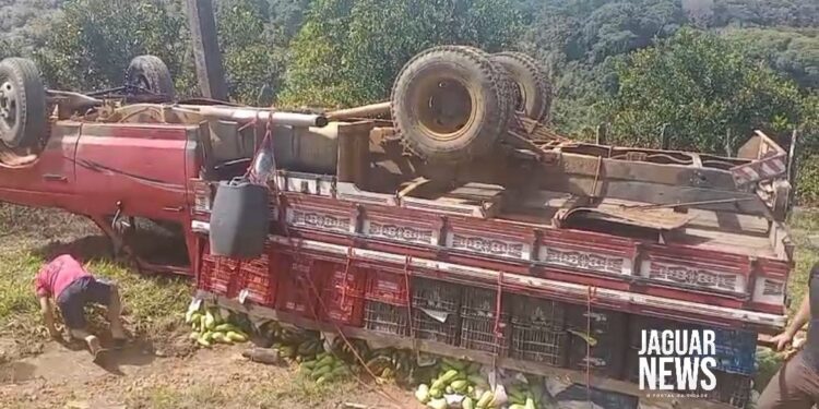 Caminhão F-4000 carregado com verduras tomba em estrada da zona rural de Jaguaquara