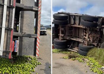 Caminhão carregado de limão tomba na BA-250 entre Lajedo do Tabocal e Maracás