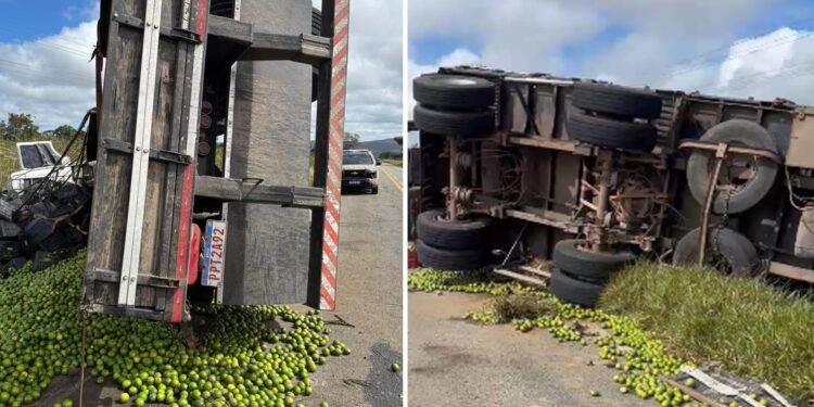 Caminhão carregado de limão tomba na BA-250 entre Lajedo do Tabocal e Maracás